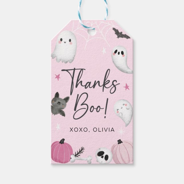 Étiquettes-cadeau Balise Merci Halloween Fantôme rose ・ Merci Boo! (Devant)