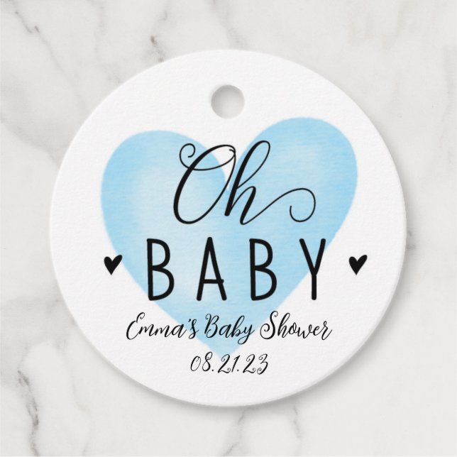 Étiquettes Cadeau Balise Oh Baby Blue Heart Baby shower (Devant)