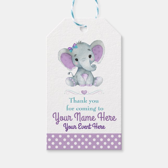 Étiquettes-cadeau Balise Personnalisable Purple Turquoise Elephant M (Devant)