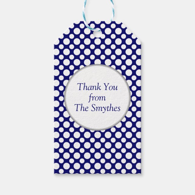 Étiquettes-cadeau Balise Pois blancs sur Merci personnalisé bleu (Devant)