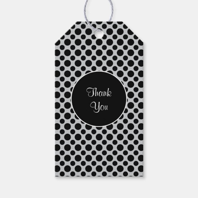 Étiquettes-cadeau Balise Pois noirs sur Merci personnalisé gris (Devant)