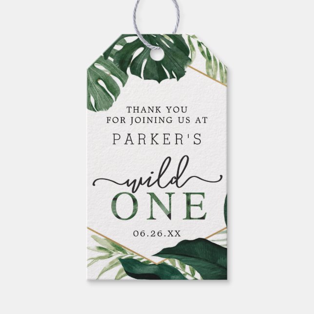 Étiquettes-cadeau Balise Tropical Monstera Wild One Birthday Favoris (Devant)
