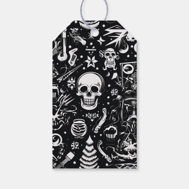 Étiquettes-cadeau Balises Cadeau Crâne noir et blanc (Devant)