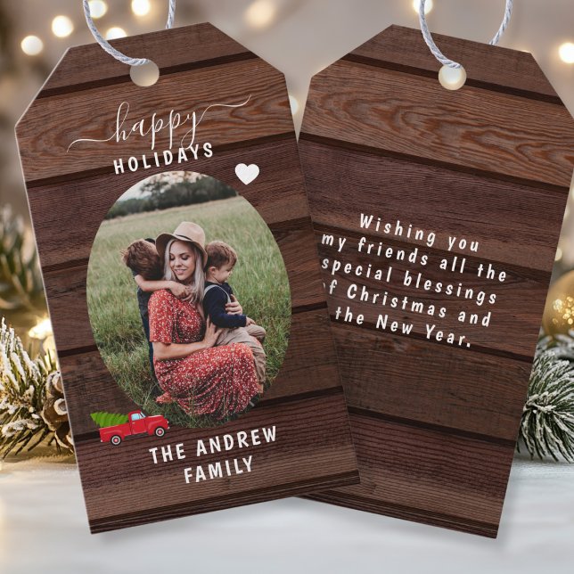 Étiquettes-cadeau Balises cadeau de Noël photo spécifiques au client ( Happy Holidays! Photo Rustic Wood Gift Tag)