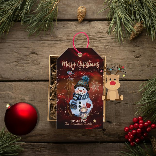 Étiquettes-cadeau Balises Cadeau Rouge Enfant Snowman (Cute Snowman Child Red Gift Tags)