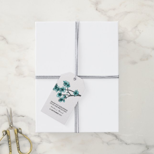 Étiquettes-cadeau Balises cadeaux Aqua Simple Cherry Blossoms (Avec de la ficelle)