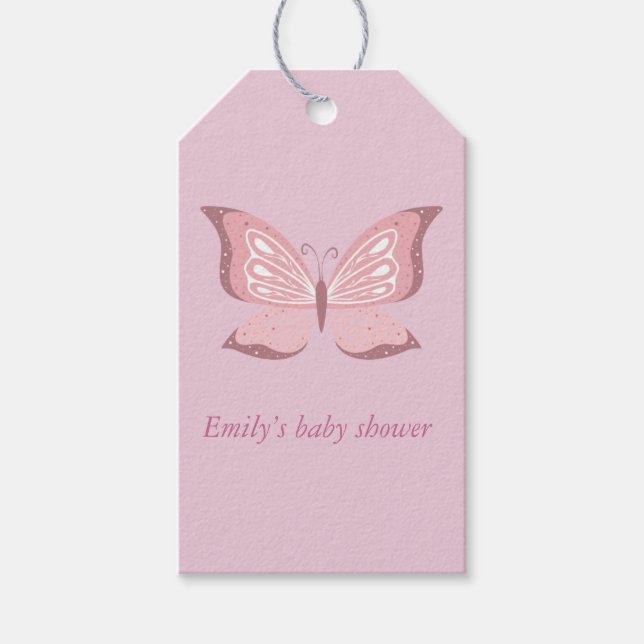 Étiquettes-cadeau Balises-cadeaux Baby shower Papillon rose personna (Devant)