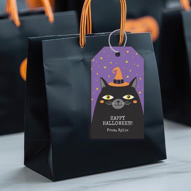 Étiquettes-cadeau Balises cadeaux de chat noir Halloween (A cute Halloween cat party favor gift tag for your Halloween party favors.)