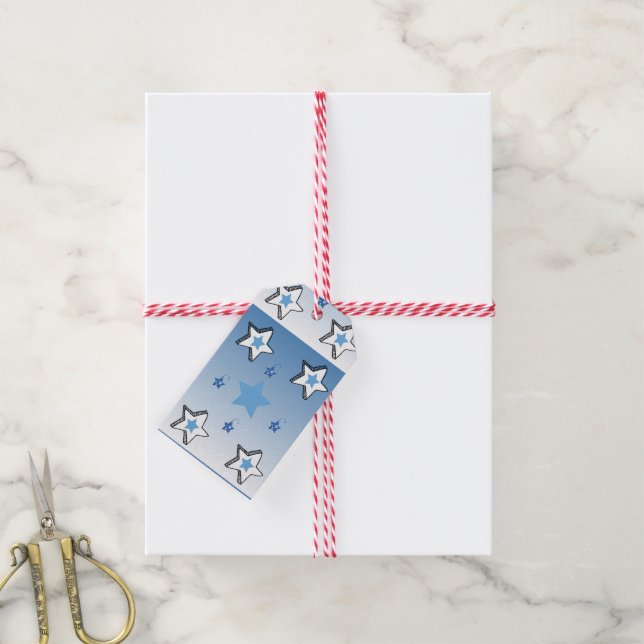Étiquettes-cadeau Balises cadeaux de Noël Étoiles blanches et bleues (Avec de la ficelle)