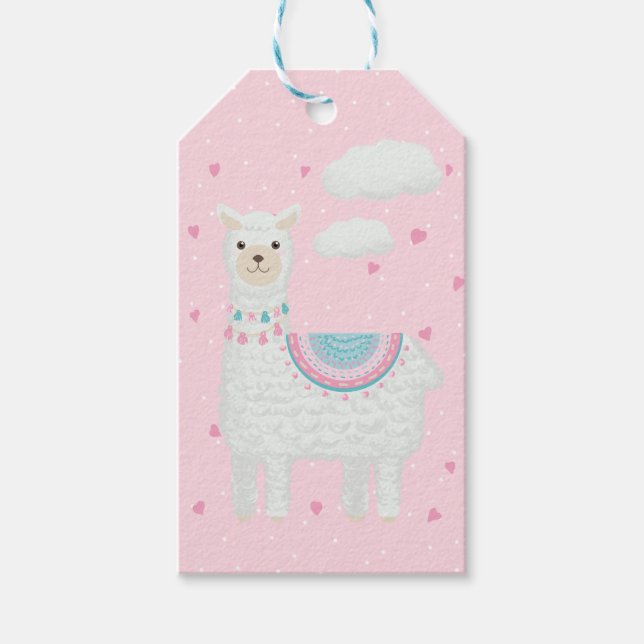 Étiquettes-cadeau Balises cadeaux Llama rose et turquoise (Devant)