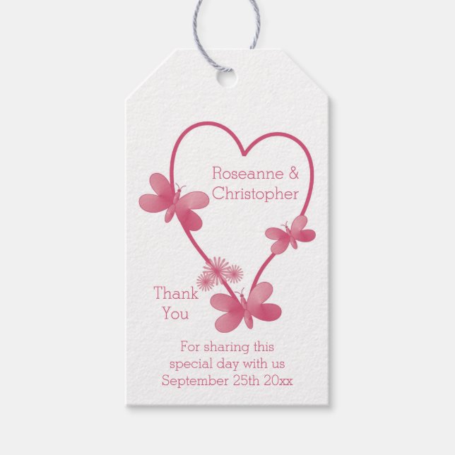 Étiquettes-cadeau Balises Cadeaux mariages Coeur Rose Et Papillons (Devant)