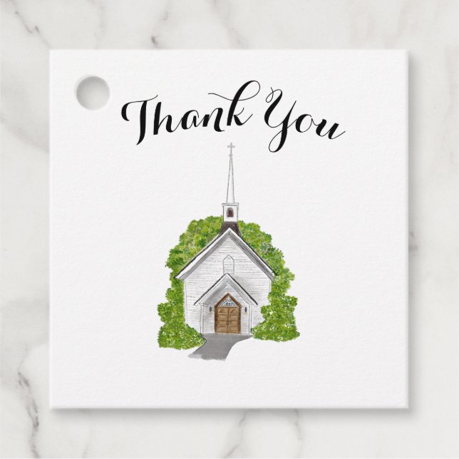 Étiquettes Cadeau Balises de mariage - église aquarelle (Devant)