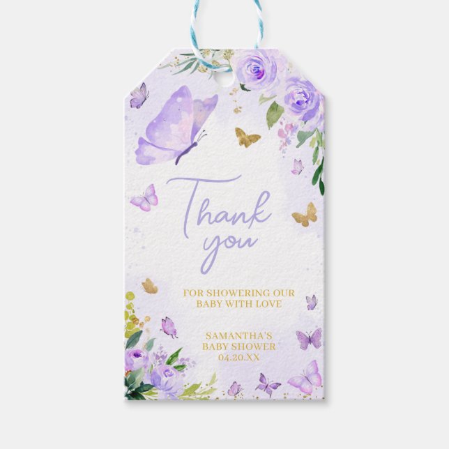 Étiquettes-cadeau Balises de préférence Baby shower papillon violet (Devant)