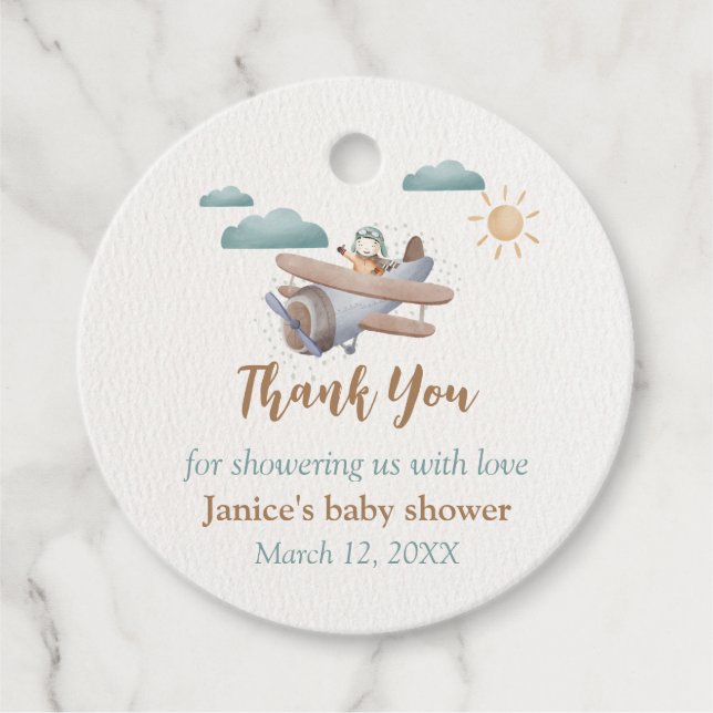 Étiquettes Cadeau Balises de préférence pour le Baby shower d'avion (Devant)