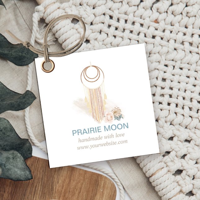 Étiquettes Cadeau Balises de suspension de mur de couleur d'aquarell (Boho boutique macrame wallhanging square gift tags or hang tags)