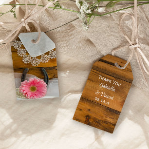 Étiquettes-cadeau Balises Favoris de mariage rose, dentelle et fer à