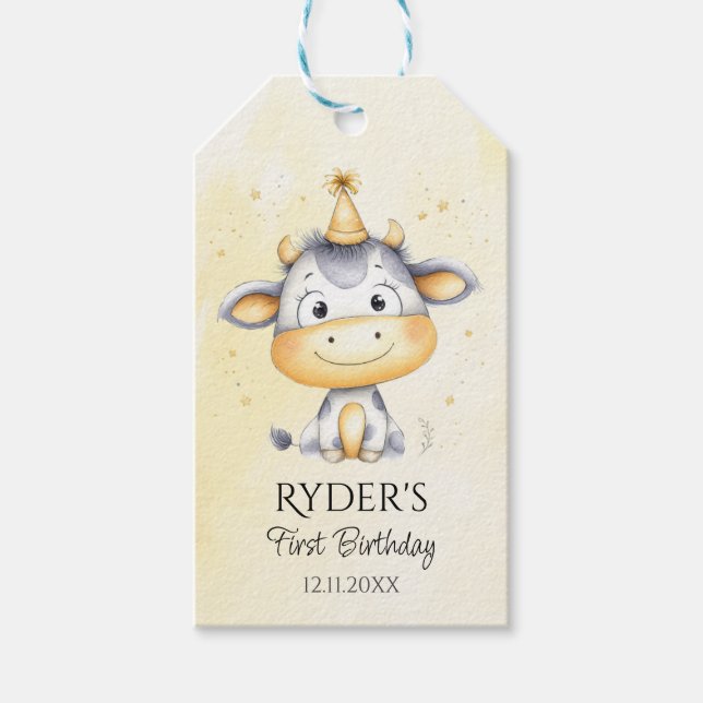 Étiquettes-cadeau Balises Favoriser Premier Anniversaire de la vache (Devant)