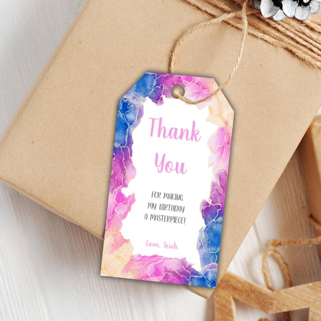 Étiquettes-cadeau Balises Filles Fête d'Art Editable Favoriser (Purple Paint Birthday Gift Tags)