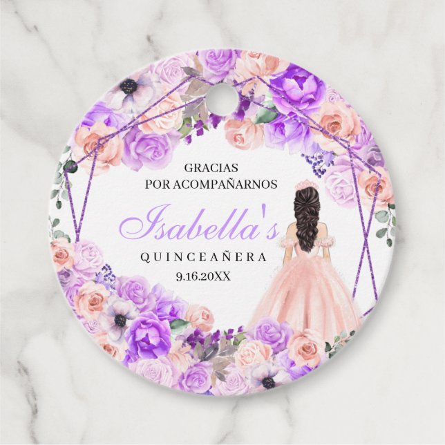 Étiquettes Cadeau Balises Fleur Quinceanera Pink & Purple Cercle Fav (Devant)
