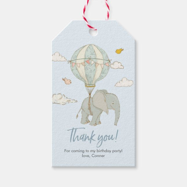 Étiquettes-cadeau Balises Merci | Ballon à air chaud éléphant - bleu (Devant)