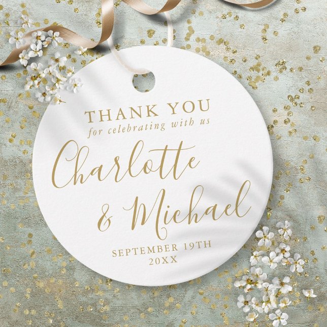 Étiquettes Cadeau Balises préférées du Mariage de script or (Gold Script Wedding Thank You Favor Tags)