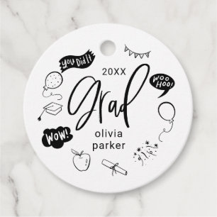 Étiquettes Cadeau Balises Whimsical Doodle Grad Party White Faver