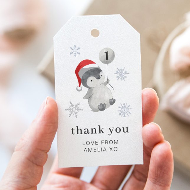 Étiquettes-cadeau Balle de pingouin 1er anniversaire - Merci (Penguin Balloon 1st Birthday - Thank You Gift Tags)