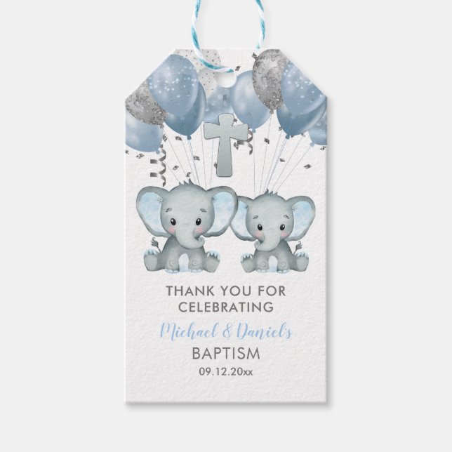Étiquettes-cadeau Ballon éléphant garçon Baptême Merci (Devant)