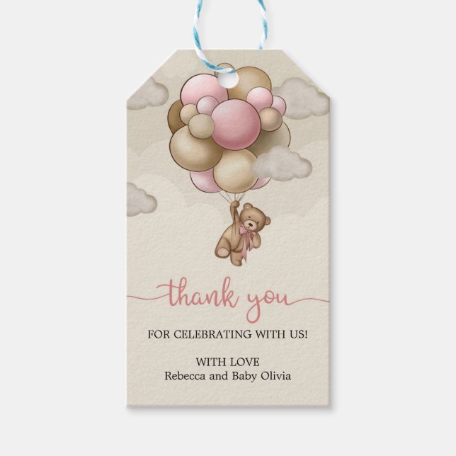 Étiquettes-cadeau Ballons beiges brun rosé en teddy merci (Devant)