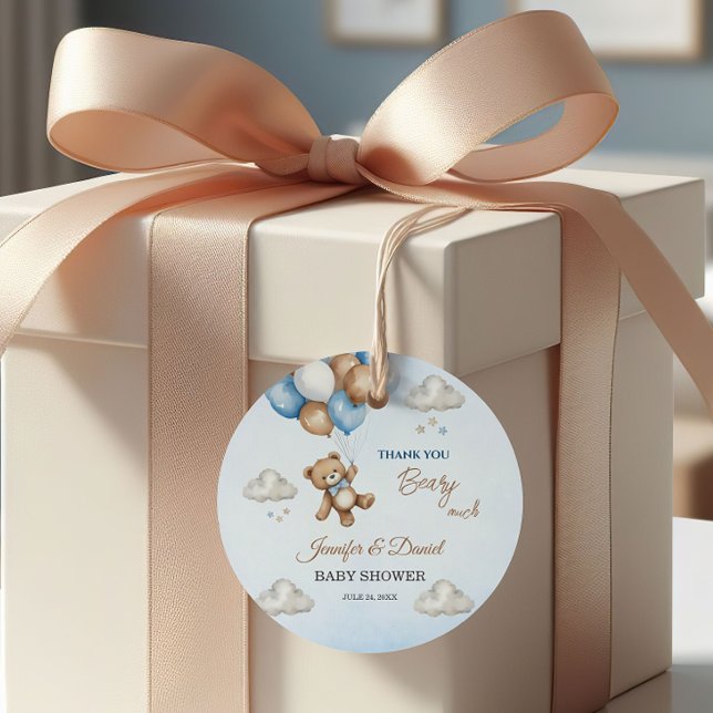Étiquettes Cadeau Ballons bleu Tan Teddy Bear Merci (Créateur téléchargé)