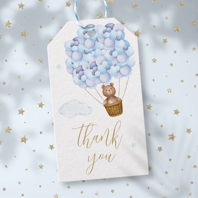 Étiquettes-cadeau Ballons Bleus Ours Teddy Gold Script Merci (Teddy Bear Blue Balloons Gold Script Thank You Gift Tags)