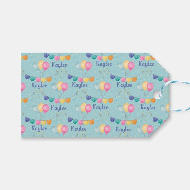 Étiquettes-cadeau Ballons d'anniversaire et étoiles en bleu (Devant (Horizontal))