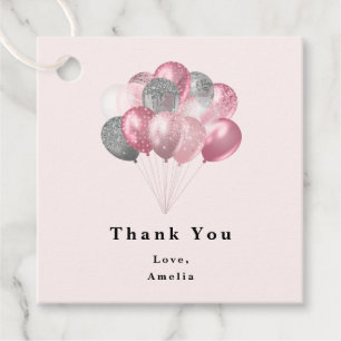 Étiquettes Cadeau Ballons de parties scintillant rose et Merci d'arg