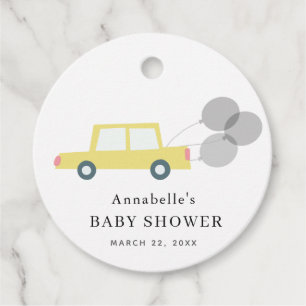 Étiquettes Cadeau Ballons de voiture jaune Baby shower blanc