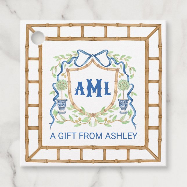 Étiquettes Cadeau Bambou et poitrine opiacée | Monogramme (Devant)