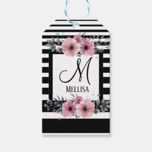 Étiquettes-cadeau Bandes noires et blanches Monogramme floral rose