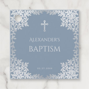 Étiquettes Cadeau Baptême Bleu Poussiéreux Élégant Garçon Feuilles F