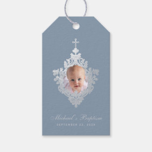 Étiquettes-cadeau Baptême Bleu Poussiéreux Élégant Photo de Garçon B