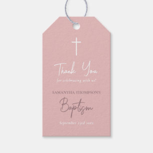 Étiquettes-cadeau Baptême calligraphié pour bébé fille rose 