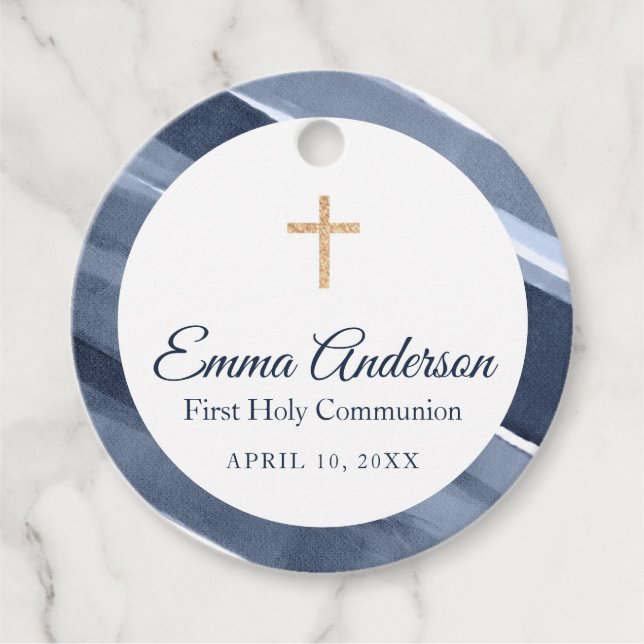 Étiquettes Cadeau Baptême classique bleu moderne 1ère communion (Devant)