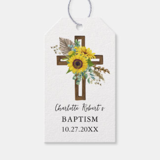 Étiquettes-cadeau Baptême Croix Rustique Soleil Bohème & Eucalyptus