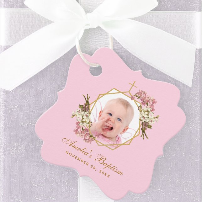 Étiquettes Cadeau Baptême de fille rose Photo Orchidées géométriques (Créateur téléchargé)