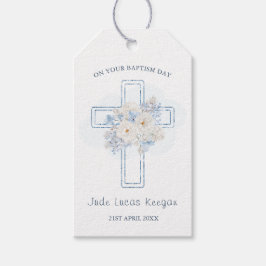 Étiquettes-cadeau Baptême de la croix florale bleue