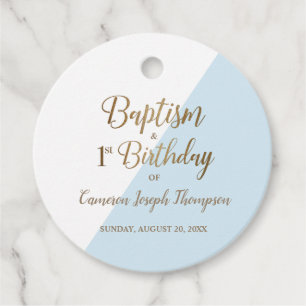 Étiquettes Cadeau Baptême d'or bleu moderne 1er garçon d'anniversair