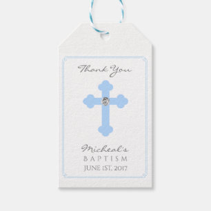 Étiquettes-cadeau Baptême élégant de croix de bleus layette/garç