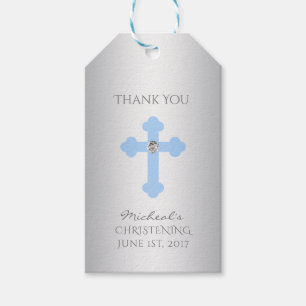 Étiquettes-cadeau Baptême élégant de croix de bleus layette/garçon