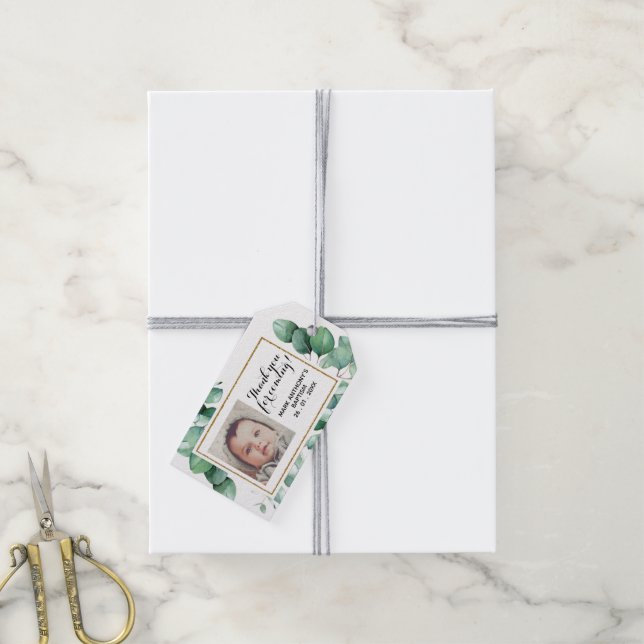 Étiquettes-cadeau Baptême Elégant Eucalyptus MERCI de verdure (Avec de la ficelle)
