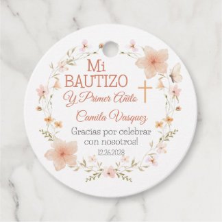 Étiquettes Cadeau Baptême et premier anniversaire Fleurs roses Bauti