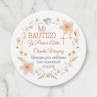Étiquettes Cadeau Baptême et Premier Anniversaire Fleurs Roses Bauti