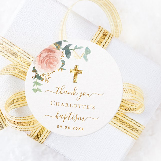 Étiquettes Cadeau Baptême eucalyptus bleu rose floral merci (Créateur téléchargé)